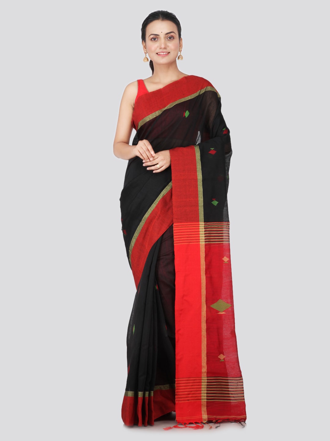 

PinkLoom Black Cotton Blend Woven Design Handloom Sustainable Saree