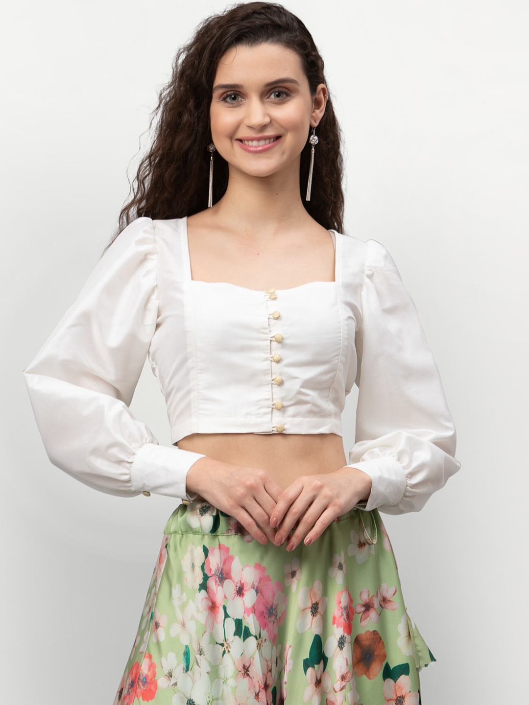 

studio rasa Off White Boxy Bishop Sleeves Crop Top