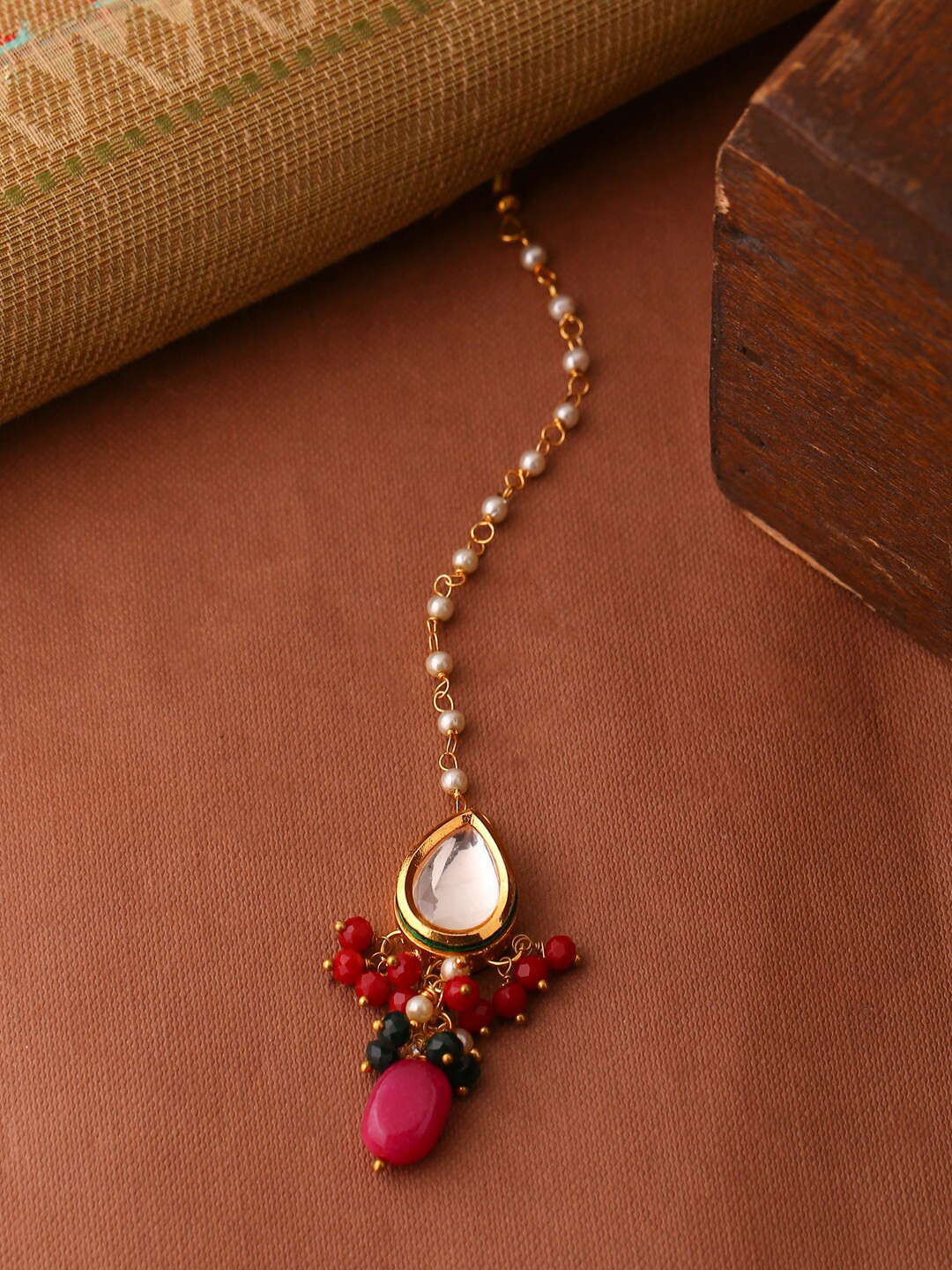 

Shoshaa Gold-Plated White & Red Stone-Studded & Beaded Handcrafted Maang Tikka