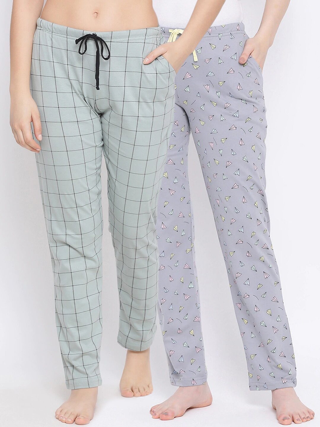 

Kanvin Women Pack Of 2 Printed Pure Cotton Lounge Pants PJ1069+PJ1088, Grey