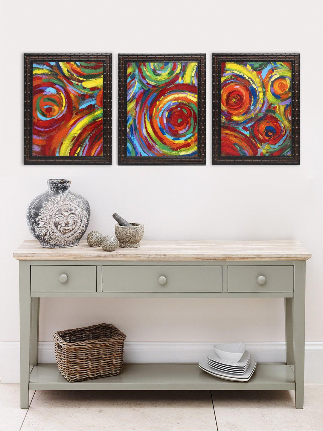 

Indianara Set of 3 Red & Yellow Abstract Concentric Circles Framed Art Prints without Glass