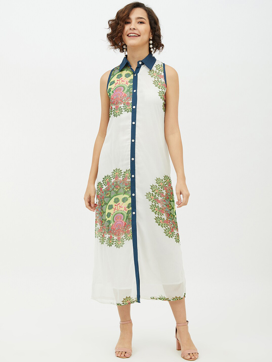 

StyleStone Women White & Green Printed Shirt Dress