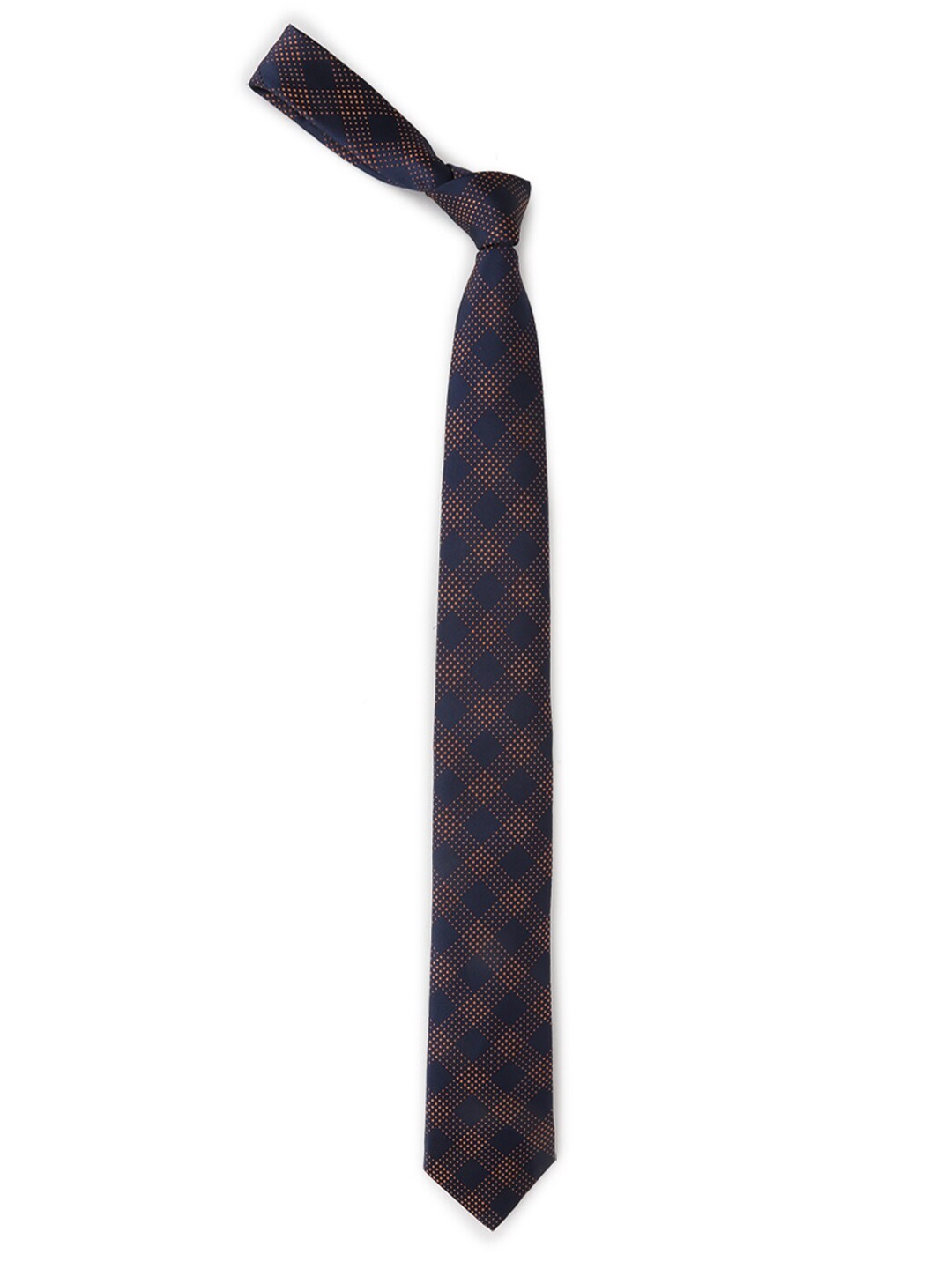 

Louis Philippe Navy Blue & Orange Silk Checked Broad Tie