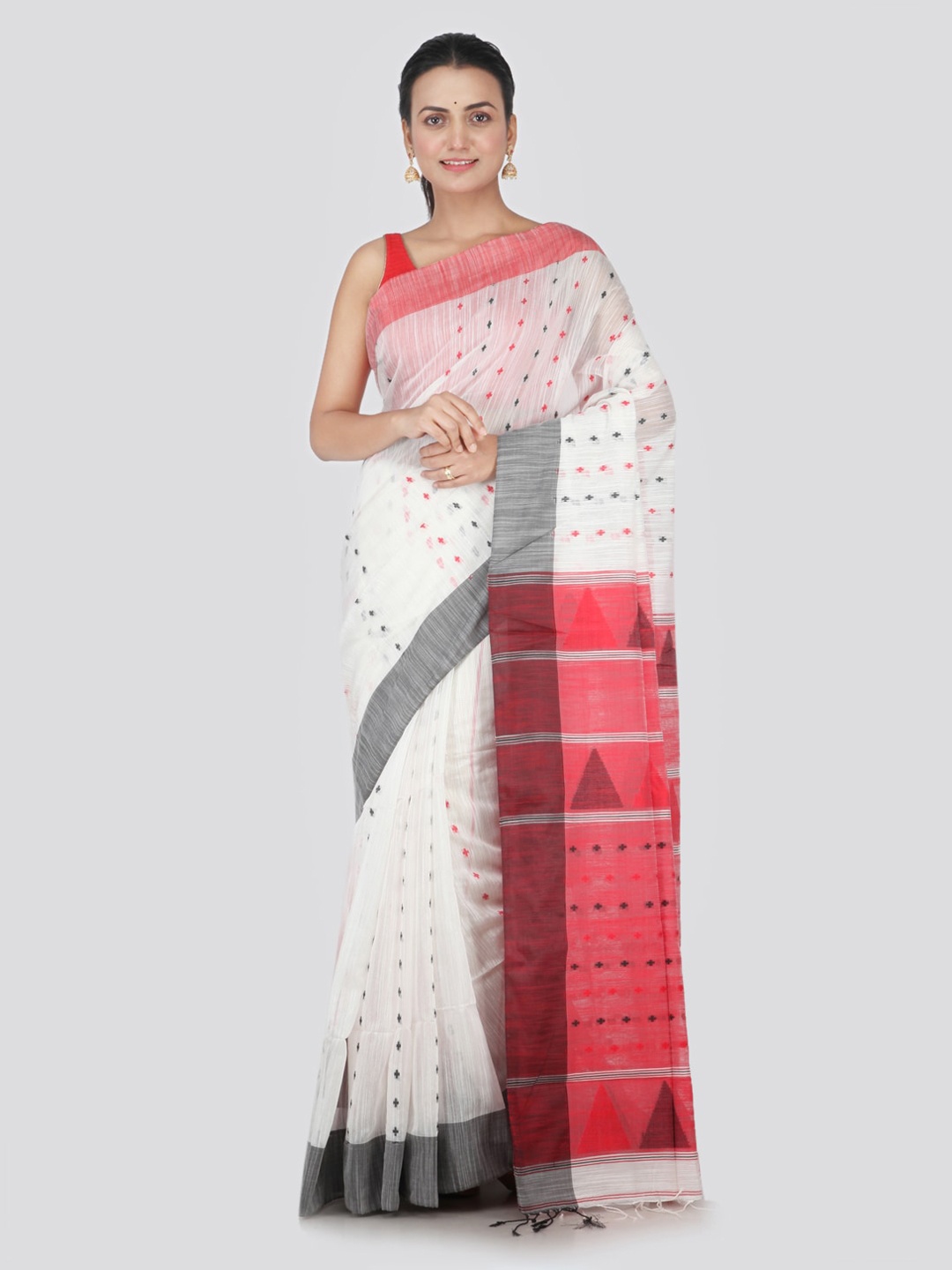 

PinkLoom White & Red Cotton Blend Woven Design Handloom Saree