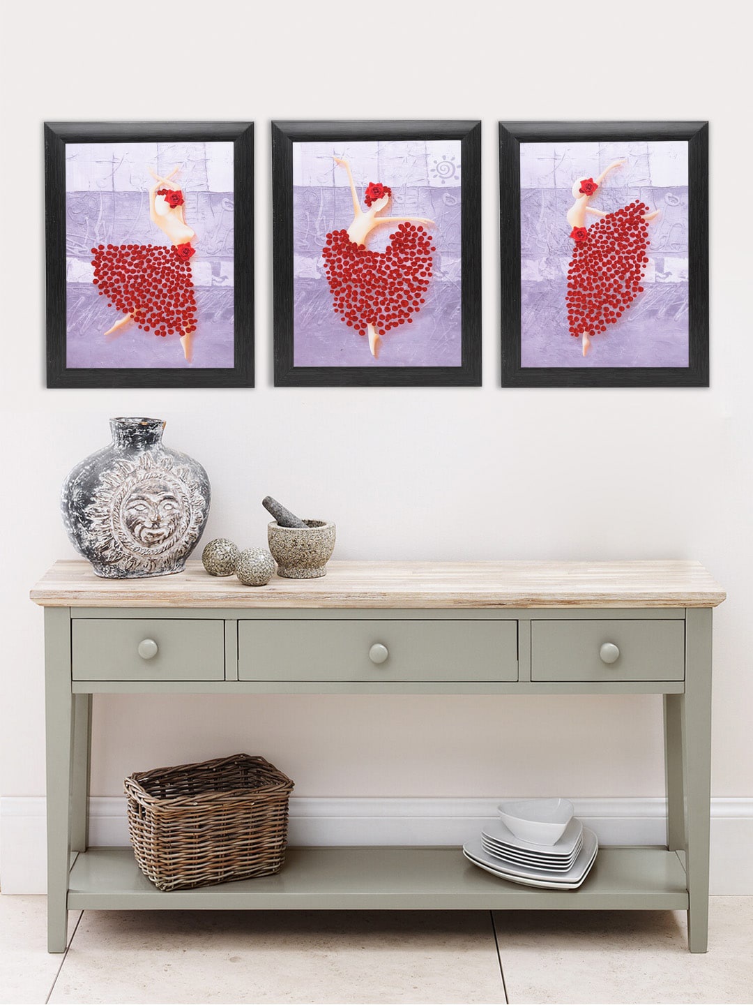 

Indianara Set Of 3 Red & Purple Dancing Girl Printed Framed Art Prints Without Glass