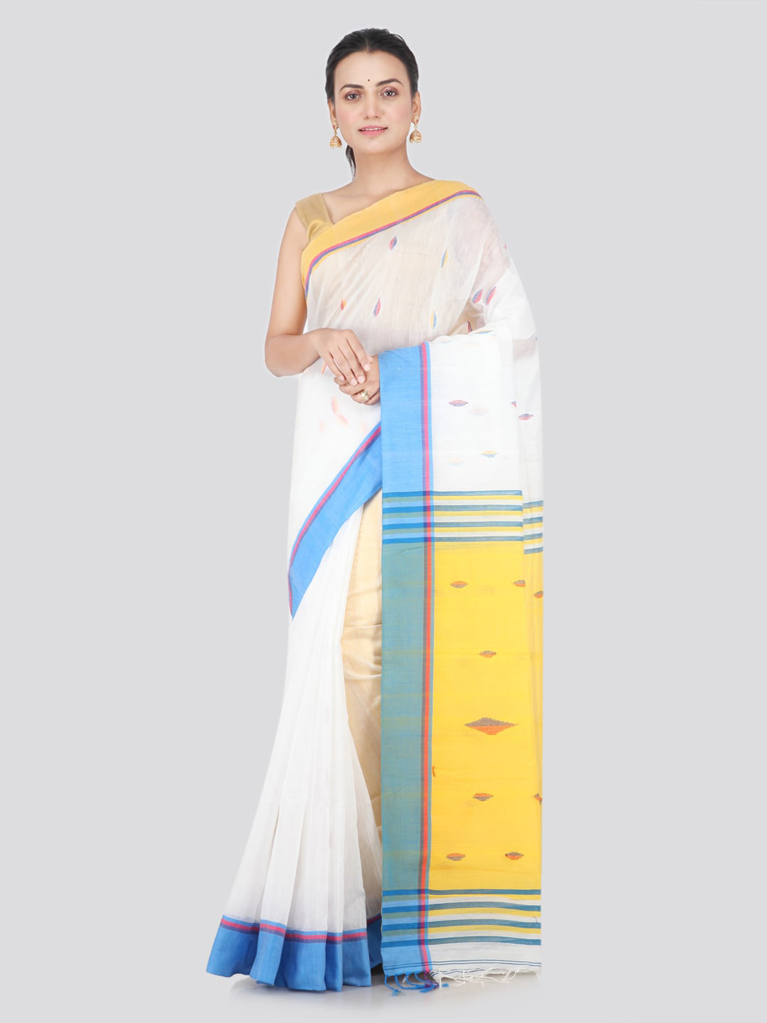 

PinkLoom White & Blue Cotton Blend Woven Design Handloom Saree