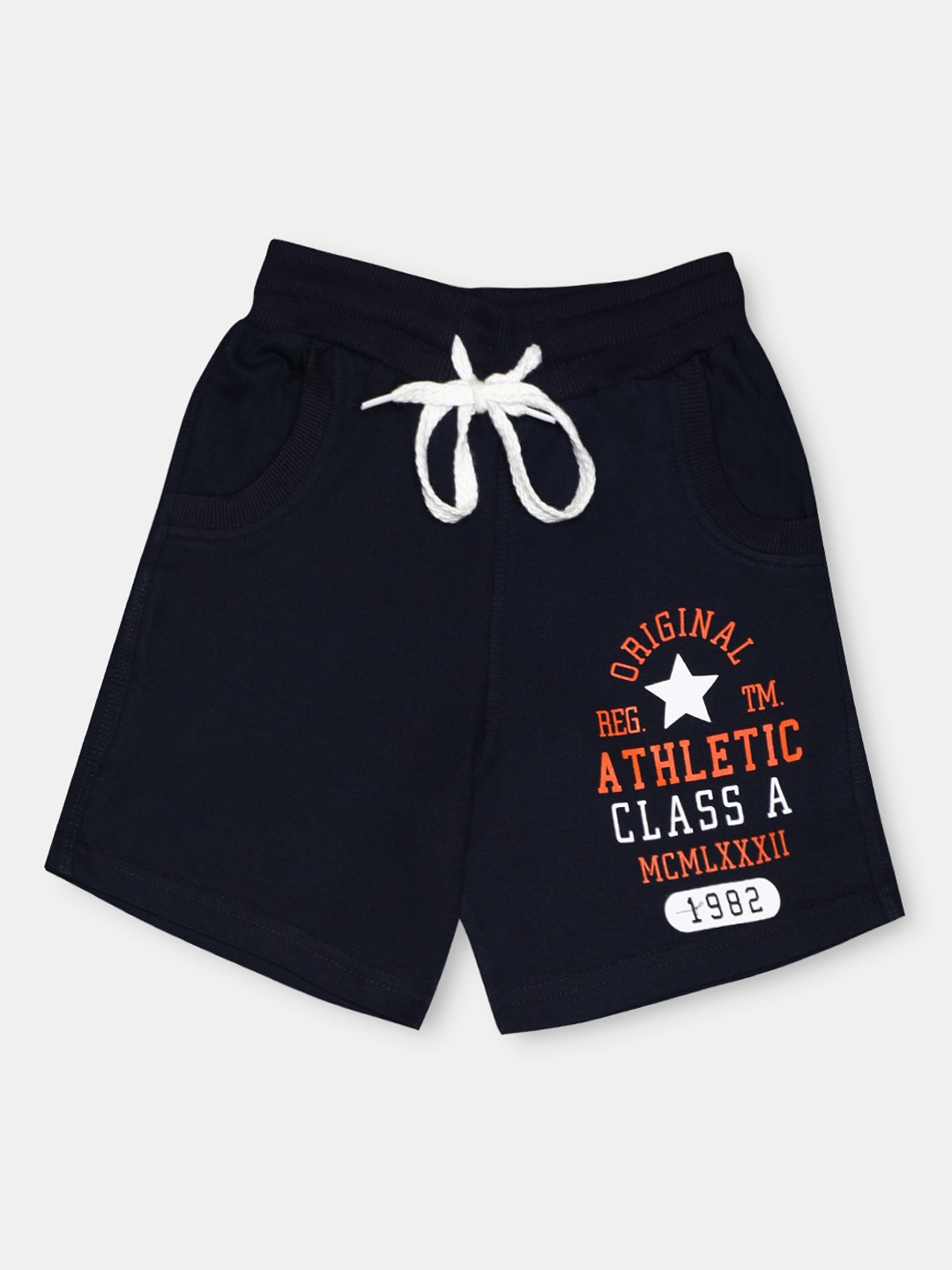 

CHIMPRALA Kids Navy Blue & Orange Printed Pure Cotton Antimicrobial Shorts