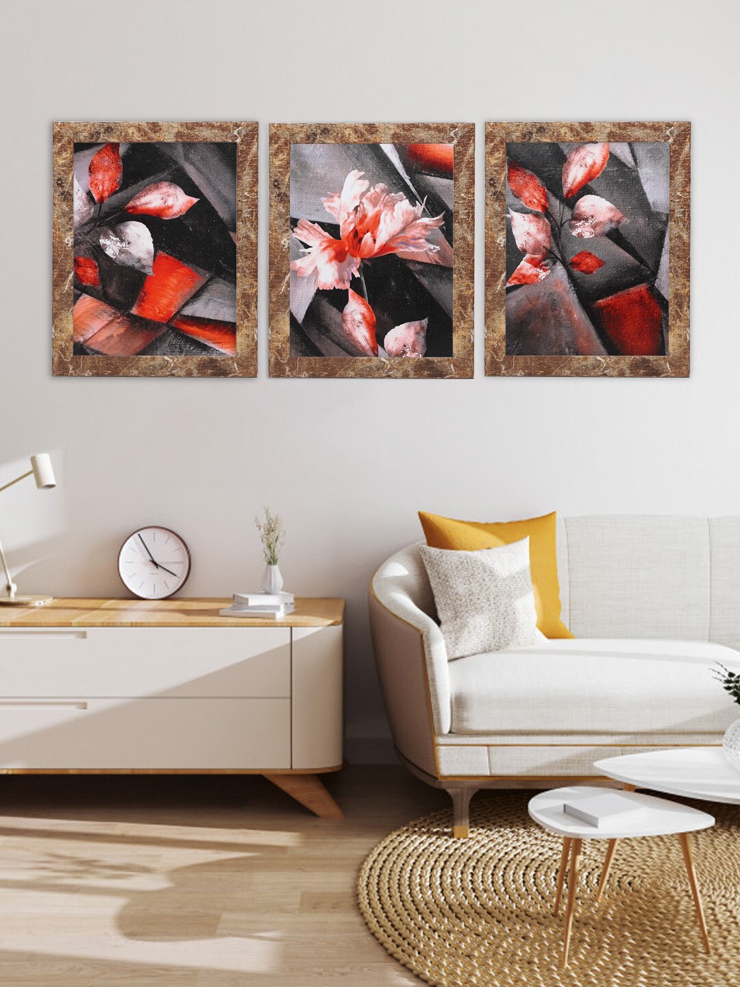 

Indianara Set Of 3 Grey & White Abstract Flowers Framed Wall Arts