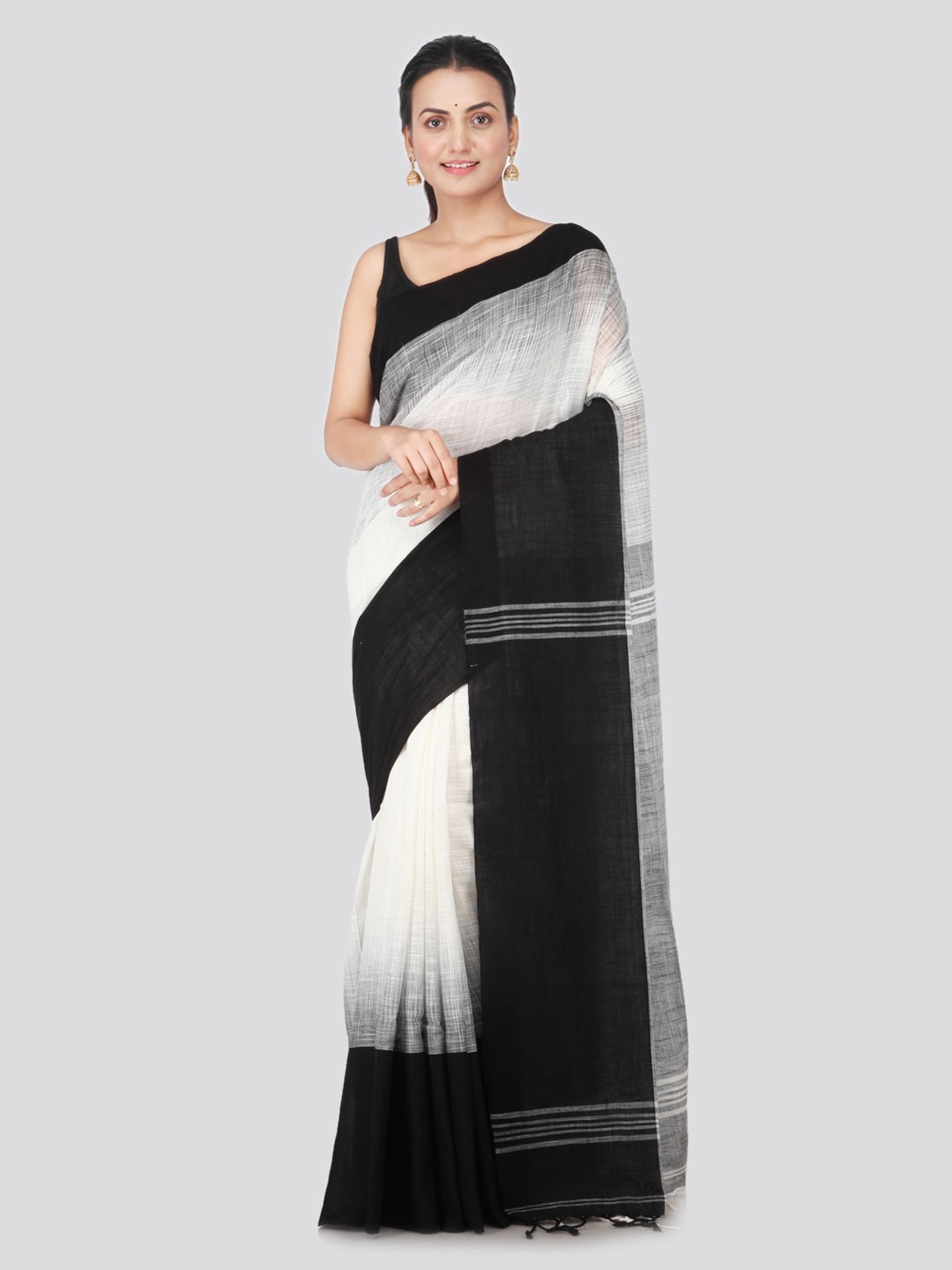 

PinkLoom White & Black Pure Cotton Solid Handloom Sustainable Saree