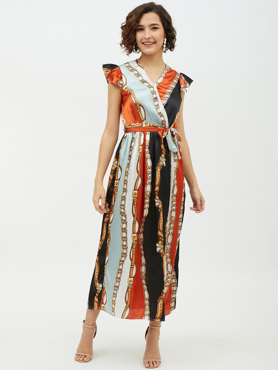 

StyleStone Women Multicoloured Printed Satin Finish Maxi Dress with Belt, Multi