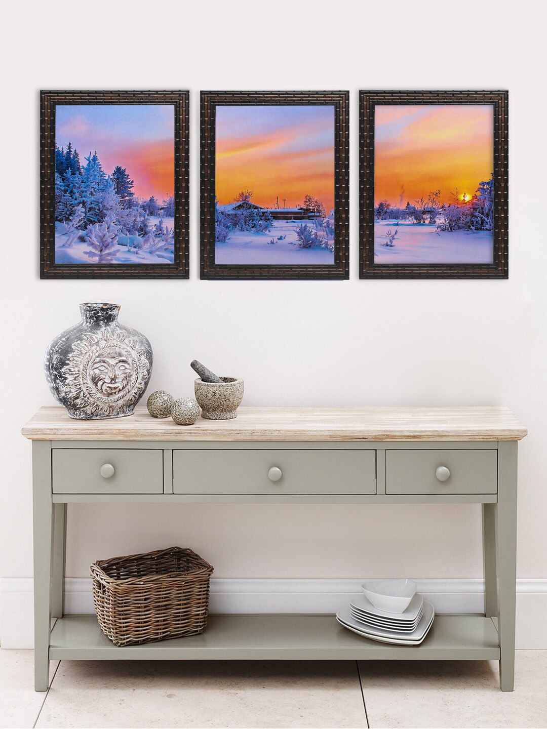 

Indianara Set Of 3 Blue & Orange Snow Capped Landscape Framed Wall Arts
