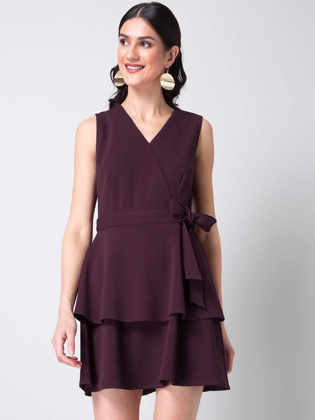 

FabAlley Women Burgundy Solid Layered Wrap Dress