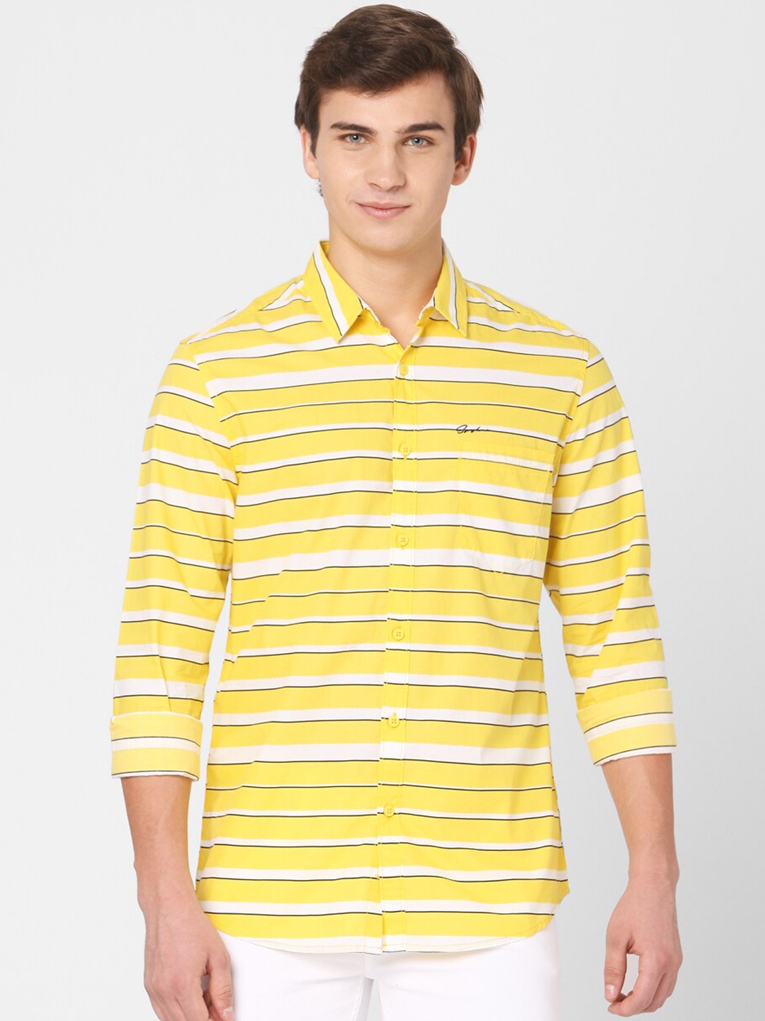 

SPYKAR Men Yellow & White Slim Fit Striped Casual Shirt