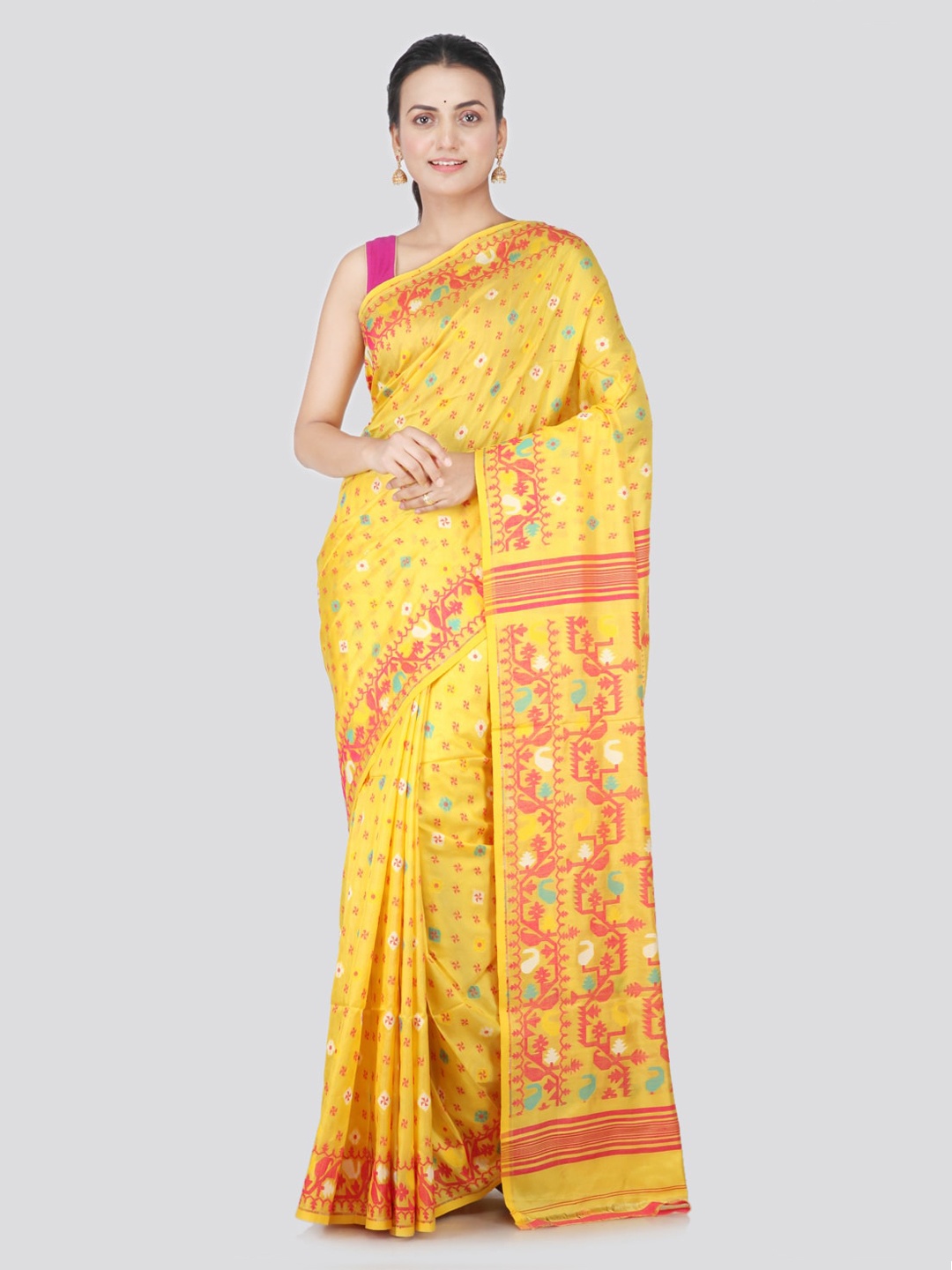 

PinkLoom Yellow & Pink Pure Silk Woven Design Handloom Jamdani Sustainable Saree