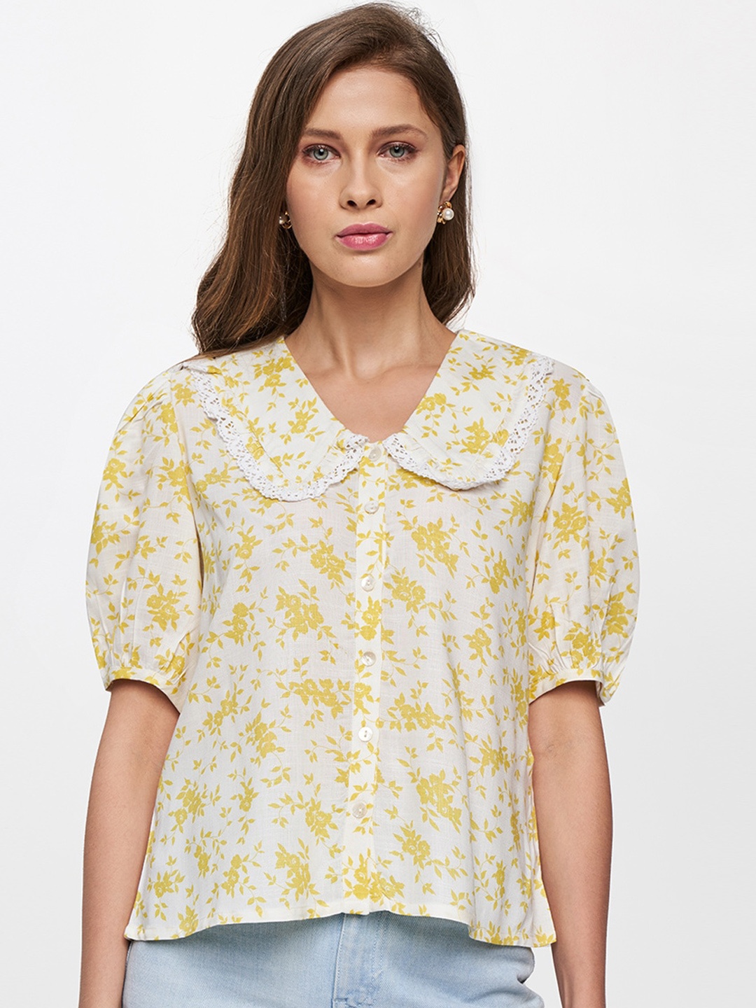 

AND Yellow & Off White Floral Peter Pan Collar Shirt Style Top