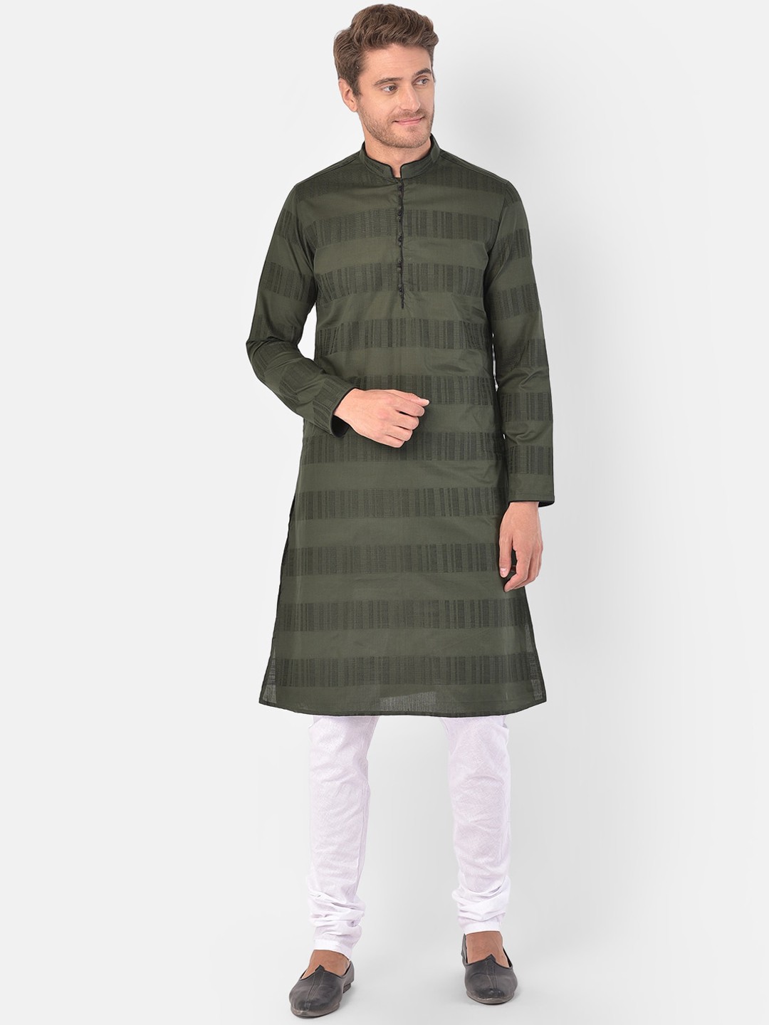 

LAMAAYA Men Green Self-Striped Kurta and Churidar Set