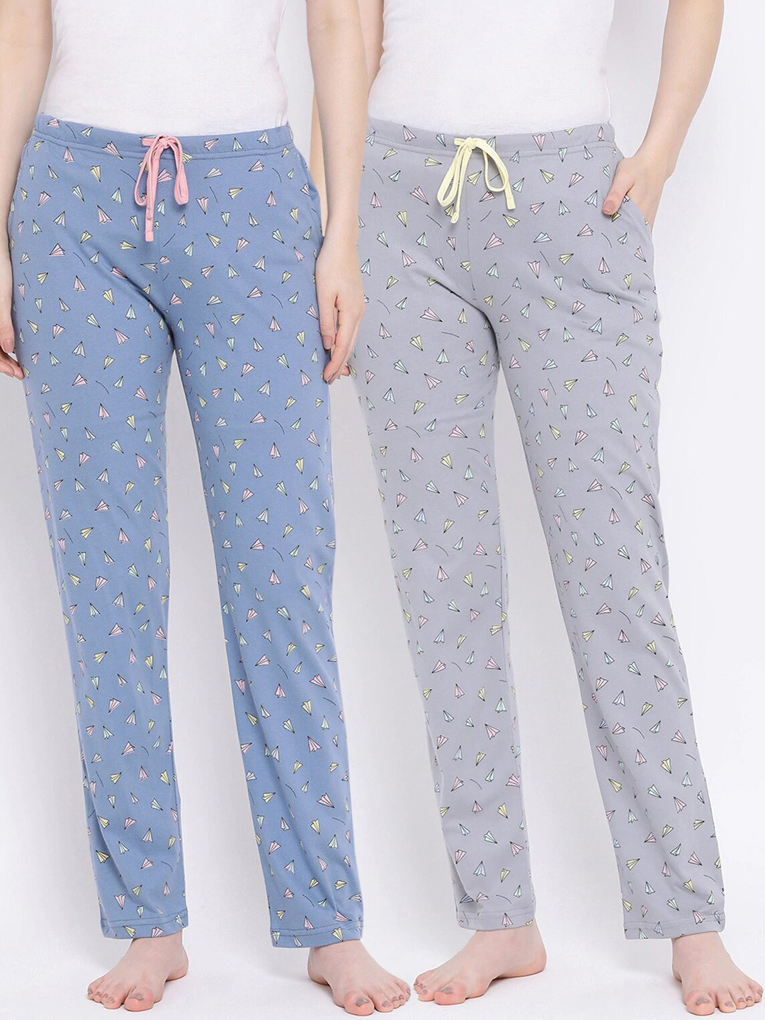 

Kanvin Women Pack Of 2 Printed Pure Cotton Lounge Pants PJ1069+PJ1073, Grey