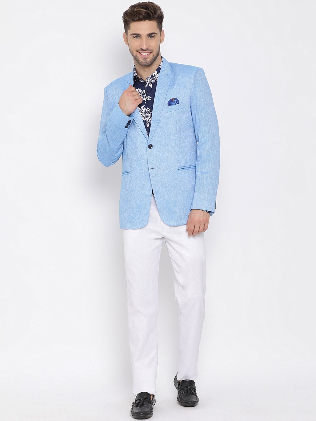 Hangup Men Blue & White Single-Breasted Three-Piece Casual Suit