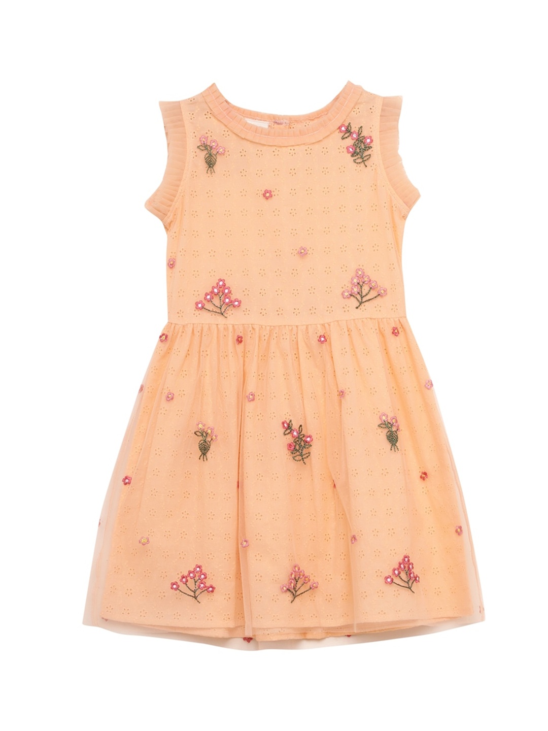 

UNDER FOURTEEN ONLY Girls Peach-Coloured & Green Embroidered A-Line Pure Cotton Dress