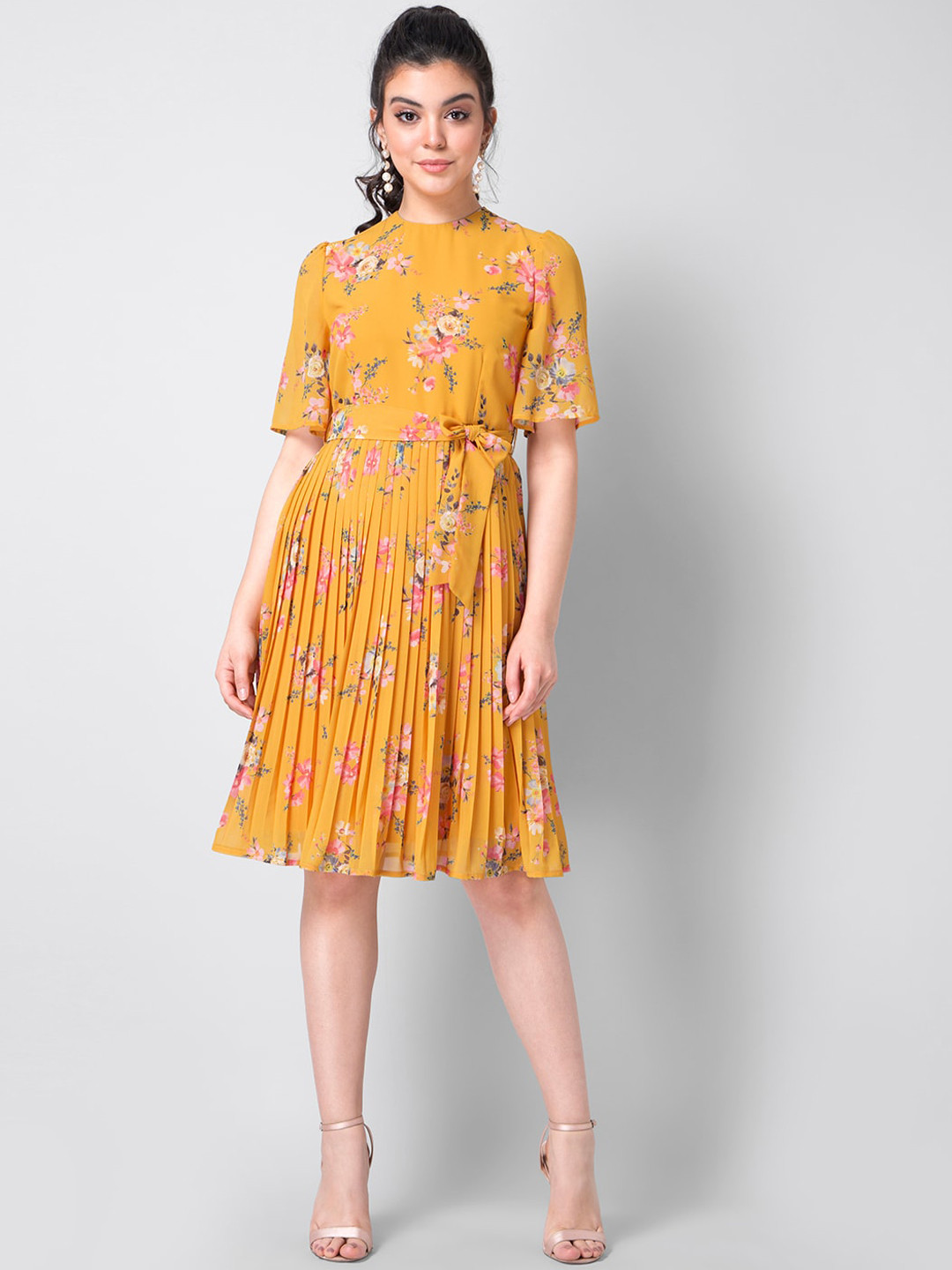 

FabAlley Women Mustard Yellow & Pink Printed Accordion Pleat A-line Dress with Belt