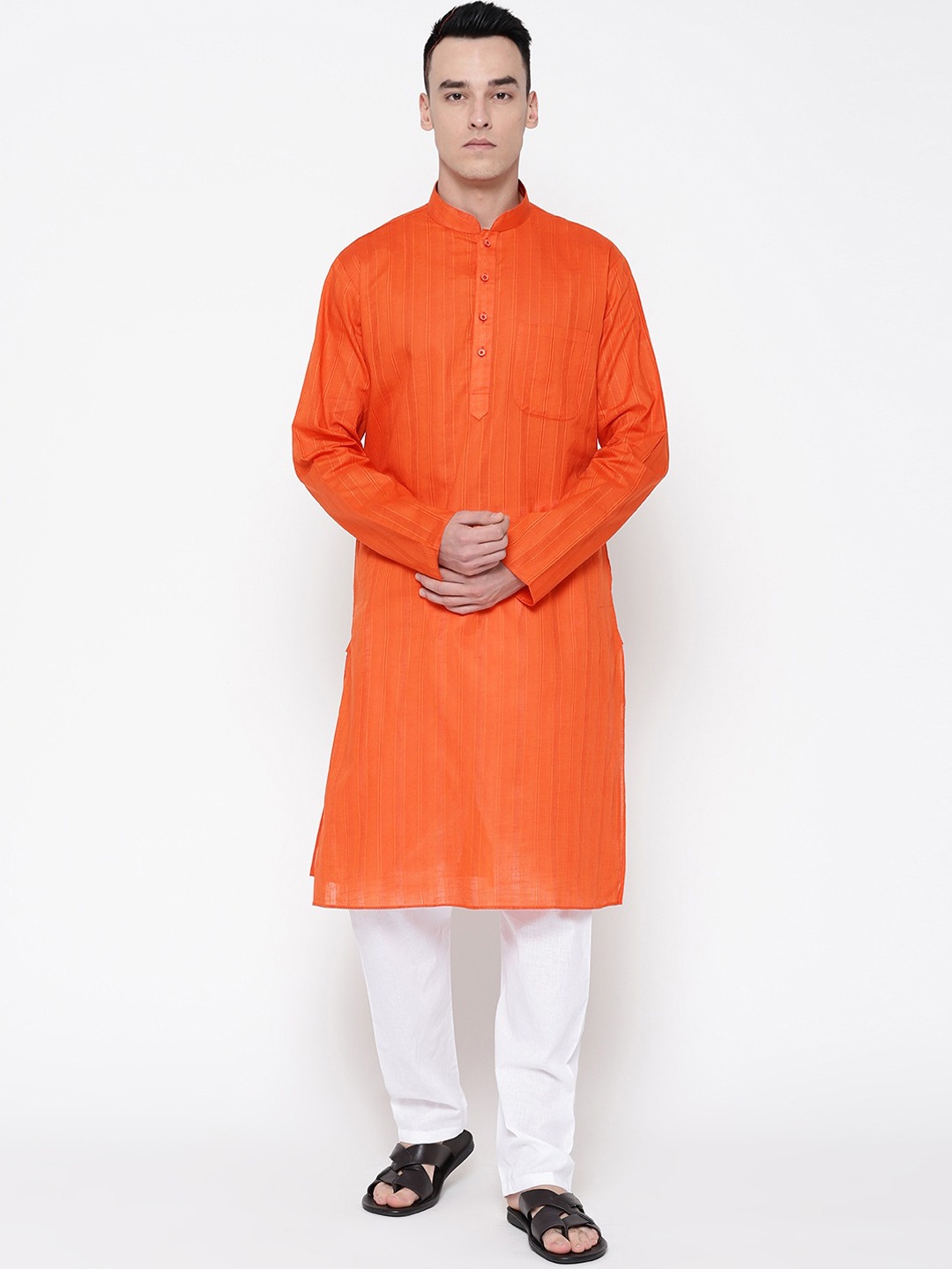 

SG LEMAN Men Orange & White Self Design Kurti with Pyjamas