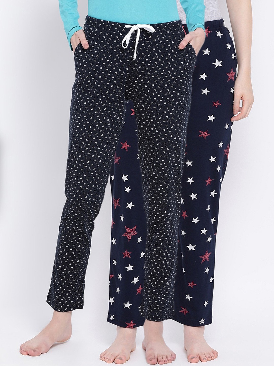 

Kanvin Women Pack of 2 Printed Pure Cotton Lounge Pants PJ1076+PJ1117, Navy blue