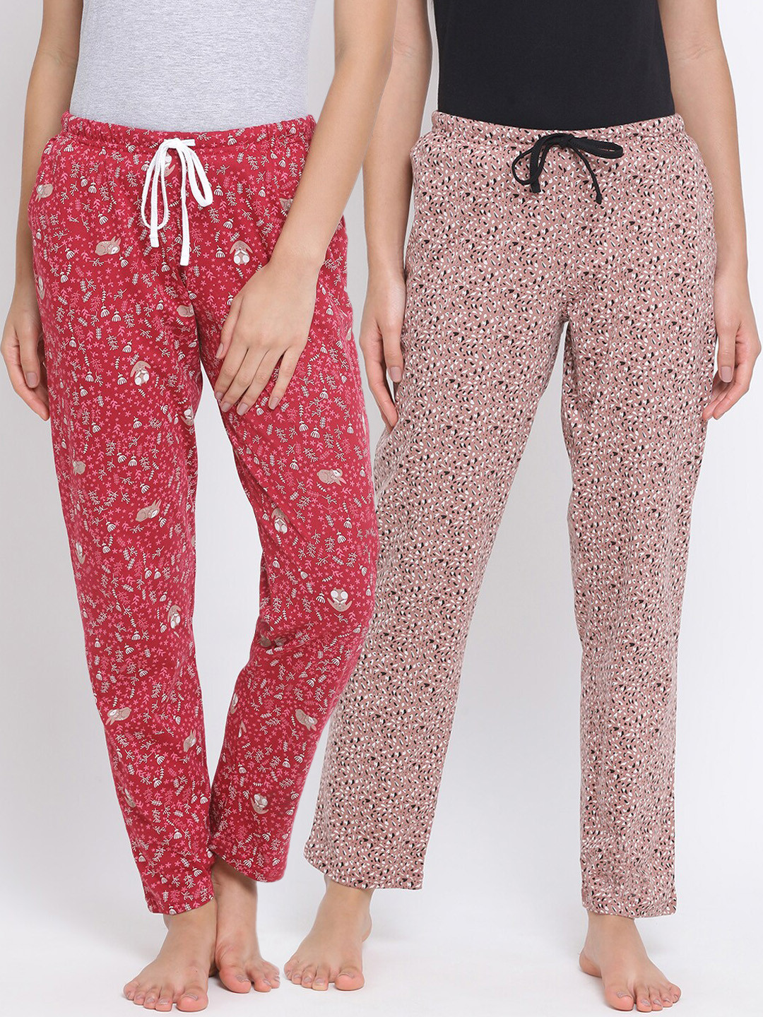 

Kanvin Women Pack Of 2 Printed Pure Cotton Lounge Pants PJ1111+PJ1115, Red