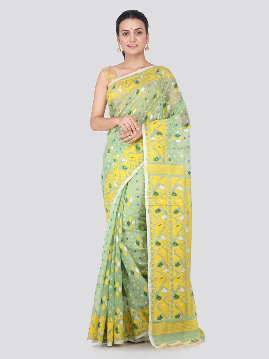 

PinkLoom Green & Yellow Pure Cotton Woven Design Handloom Jamdani Sustainable Saree