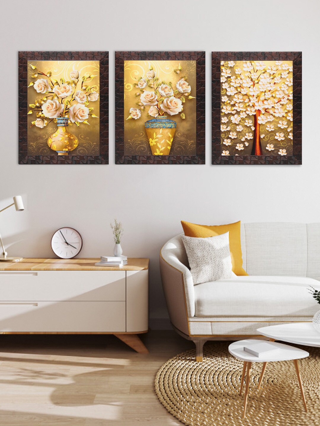Indianara Set of 3 Yellow & Blue Flowers in Vases Framed Art Prints without Glass