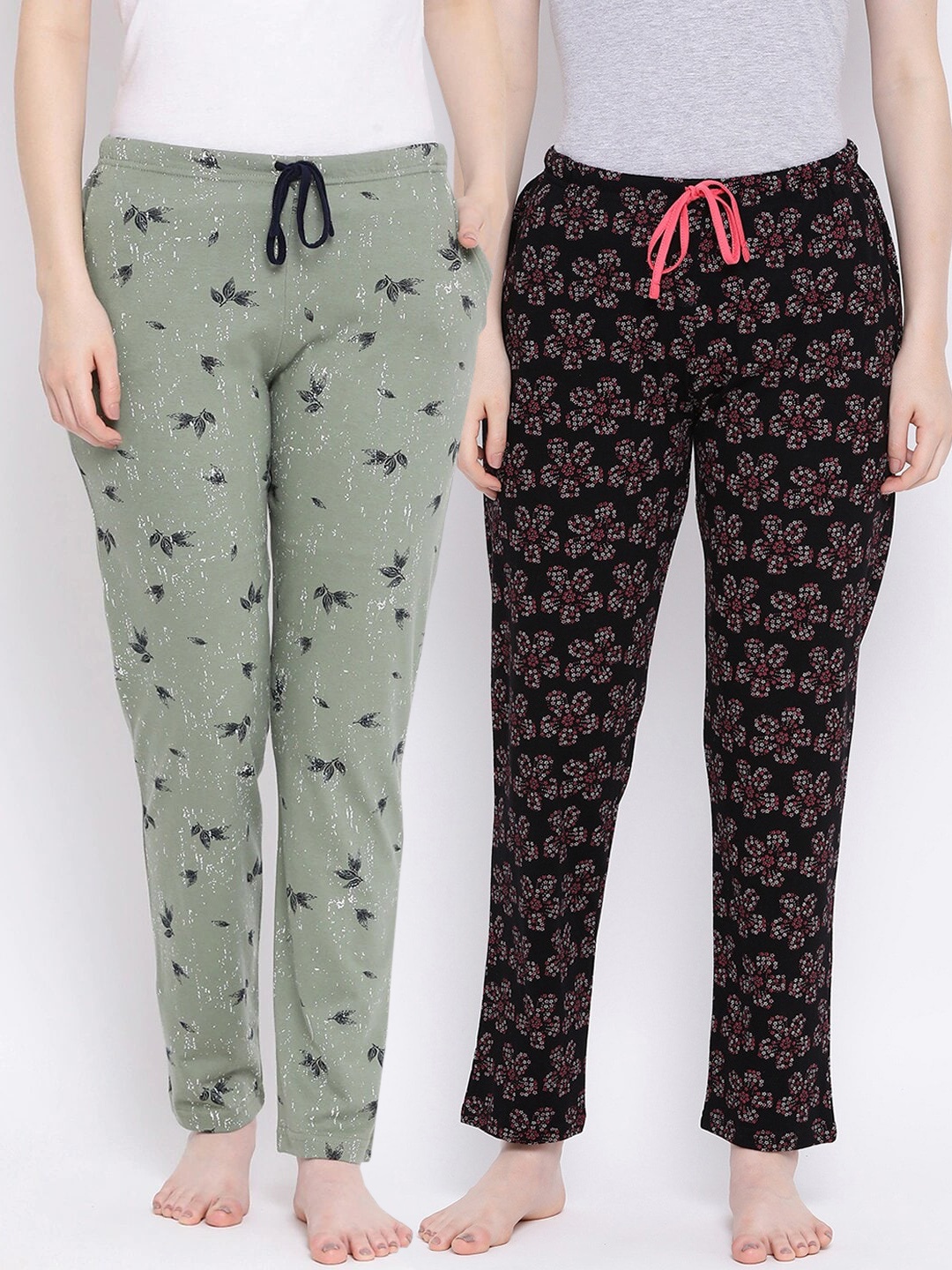 

Kanvin Women Pack Of 2 Printed Pure Cotton Lounge Pants PJ1065+PJ1122, Black