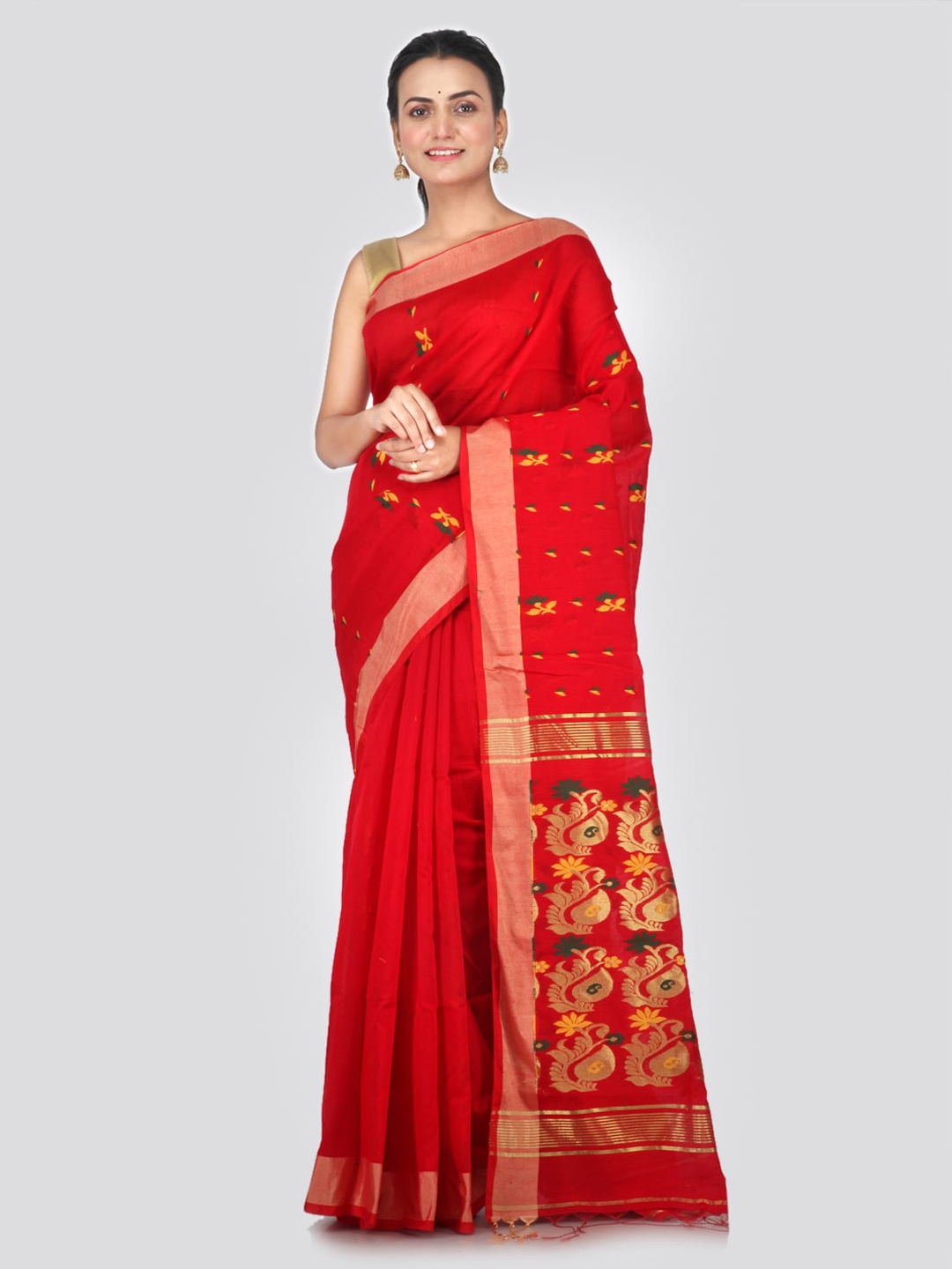 

PinkLoom Red & Yellow Cotton Blend Woven Design Handloom Sustainable Saree