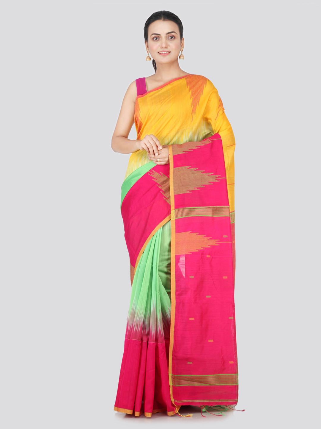 

PinkLoom Multicoloured Woven Design Cotton Blend Handloom Sustainable Saree, Multi