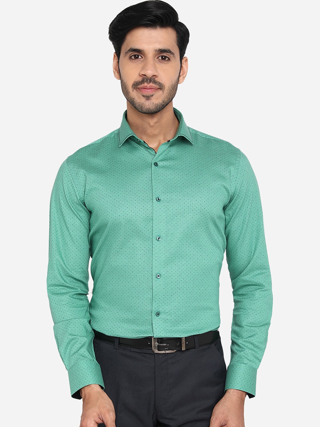 JB STUDIO Men Green Pure Cotton Slim Fit Printed Formal Shirt