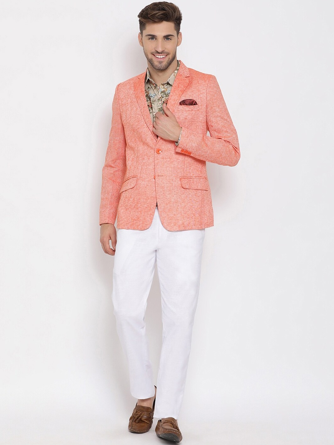 Hangup Men Orange & White Self-Design Single-Breasted Three-Piece Linen Party Suit