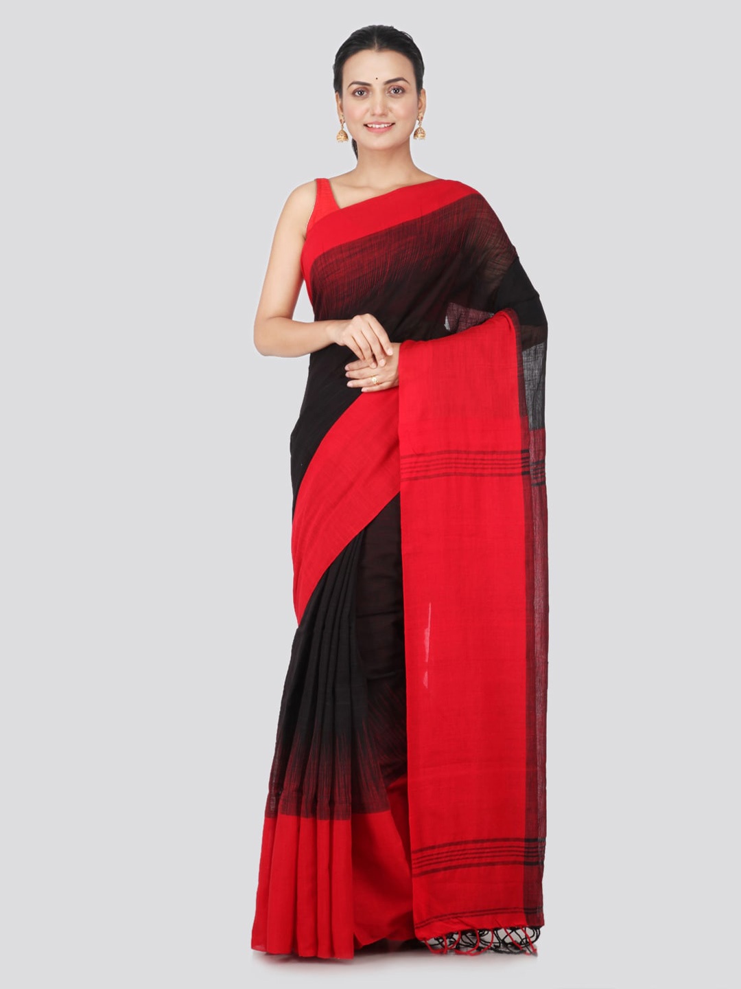 

PinkLoom Black & Red Pure Cotton Solid Handloom Sustainable Saree