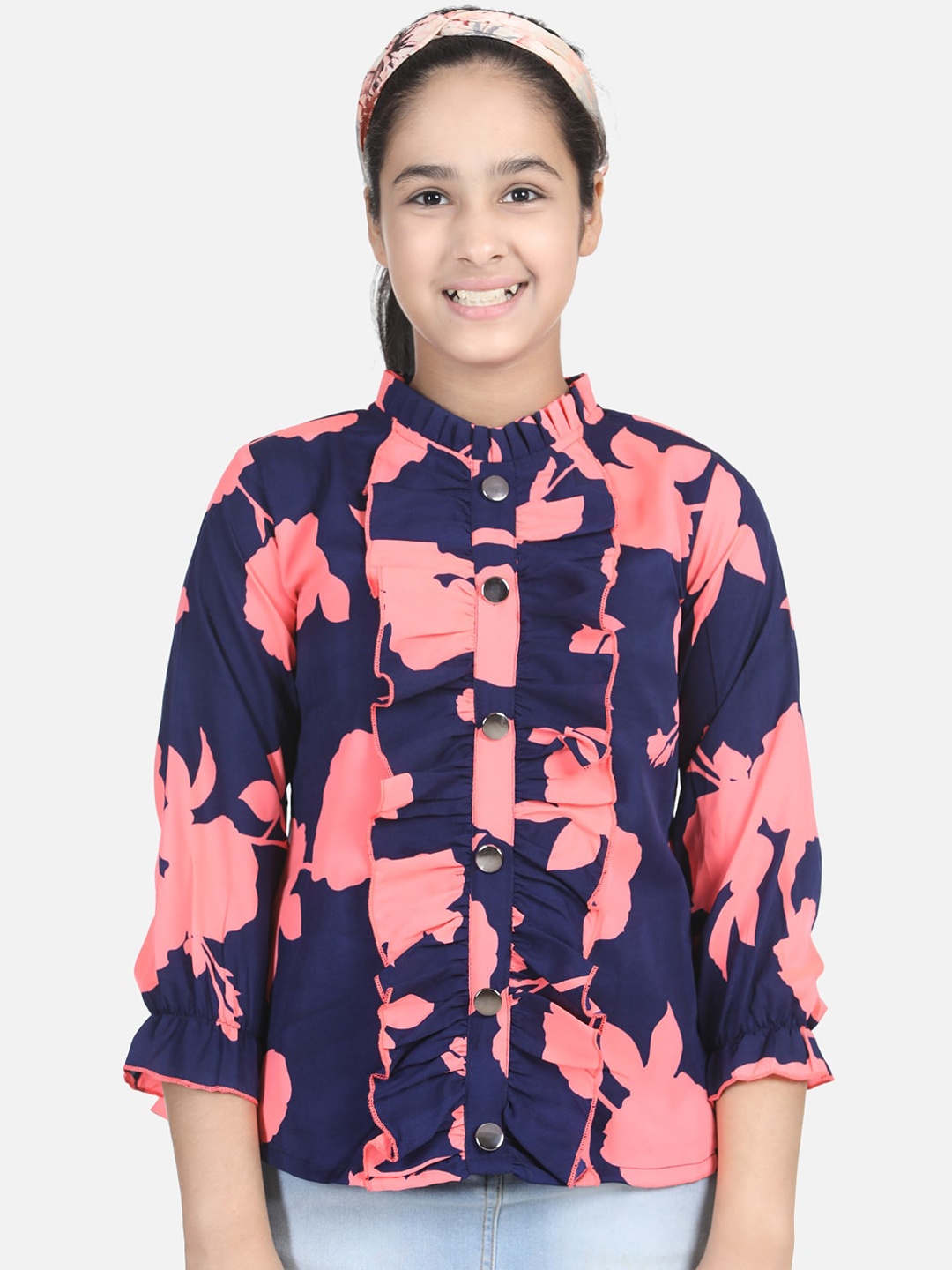 

Cutiekins Navy Blue & Pink Floral Crepe Shirt Style Top
