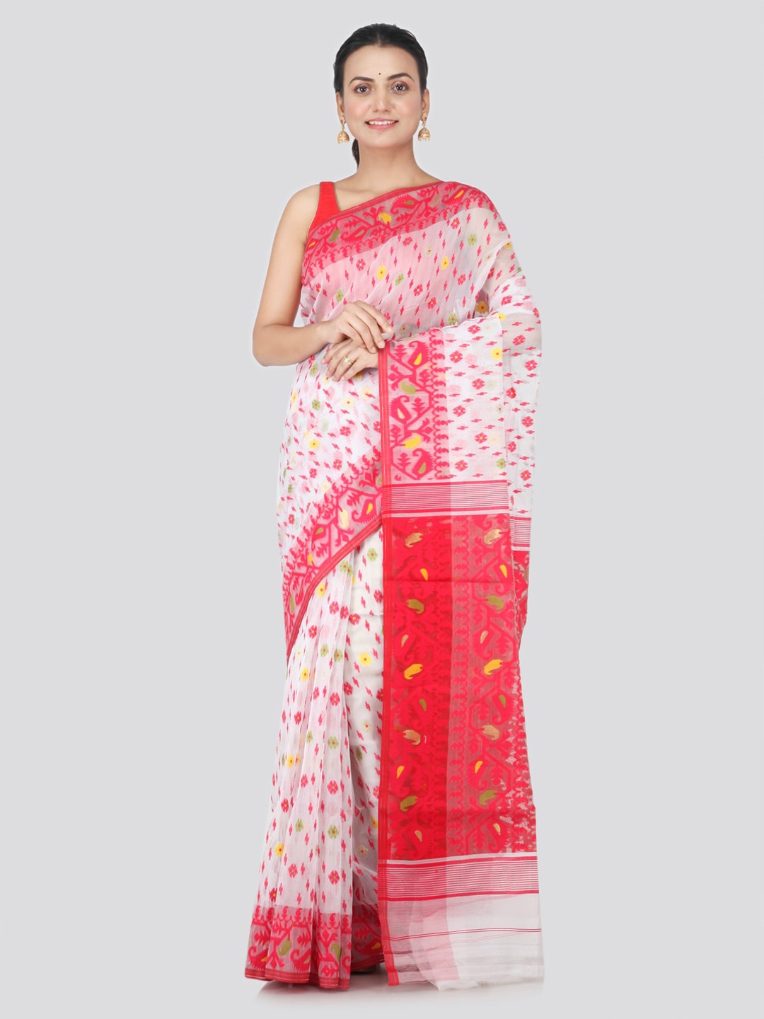 

PinkLoom White Pure Cotton Woven Design Handloom Jamdani Saree