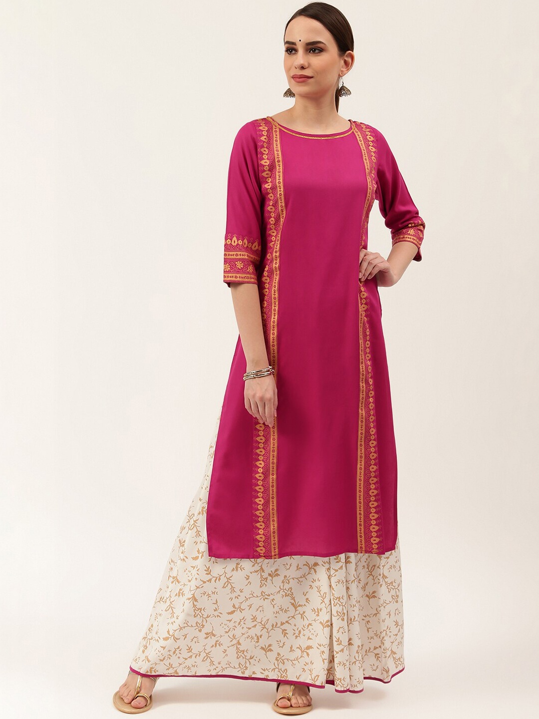 

Rustorange Women Magenta & White Striped Kurta with Skirt