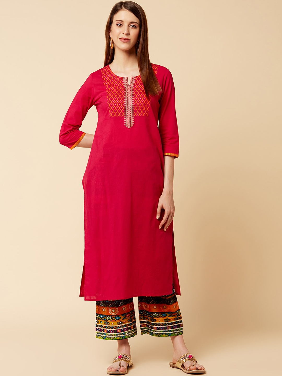 

Varanga Women Coral Red Geometric Yoke Design Kurta