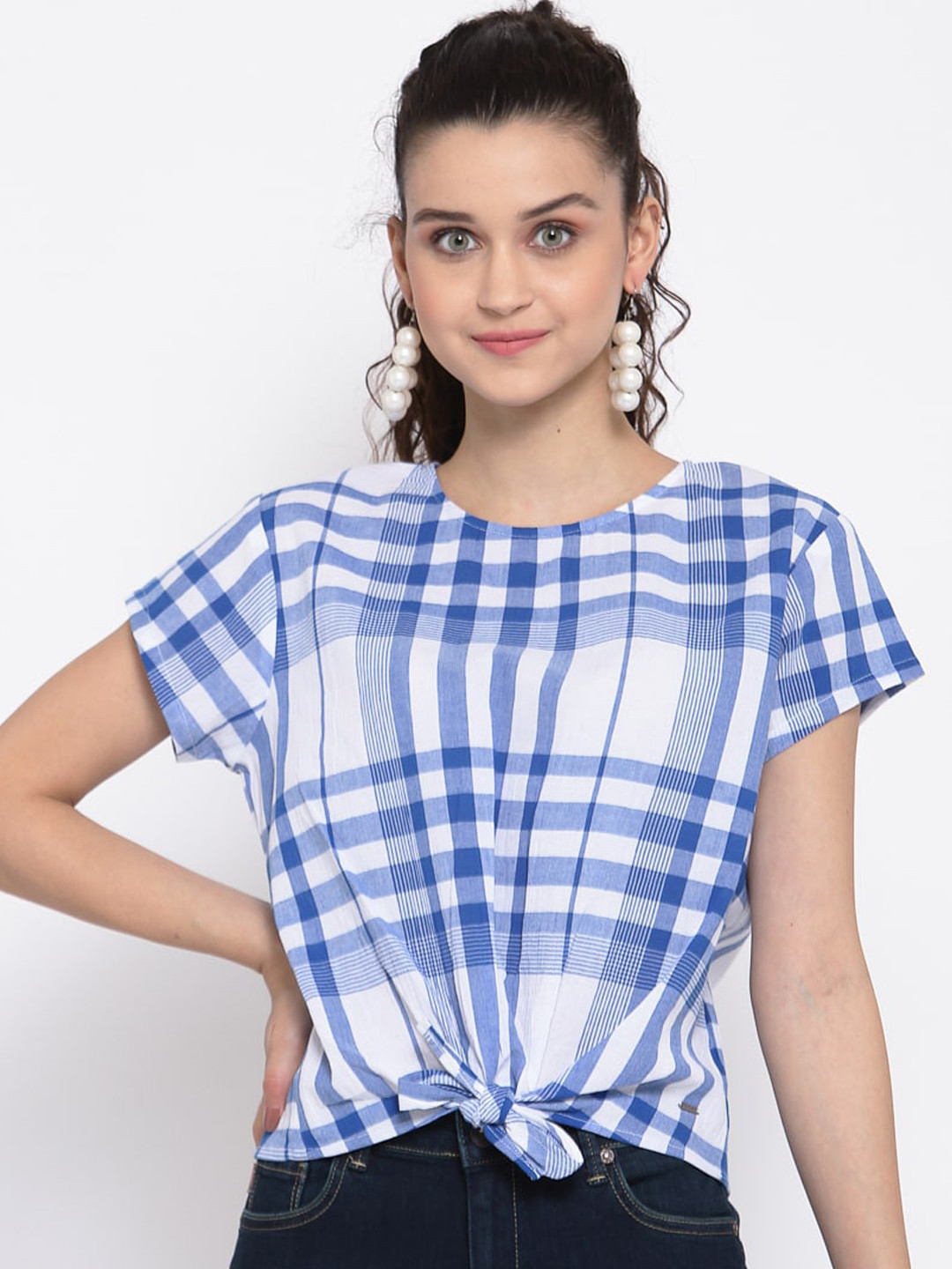

Pepe Jeans Women Blue Checked Regular Top