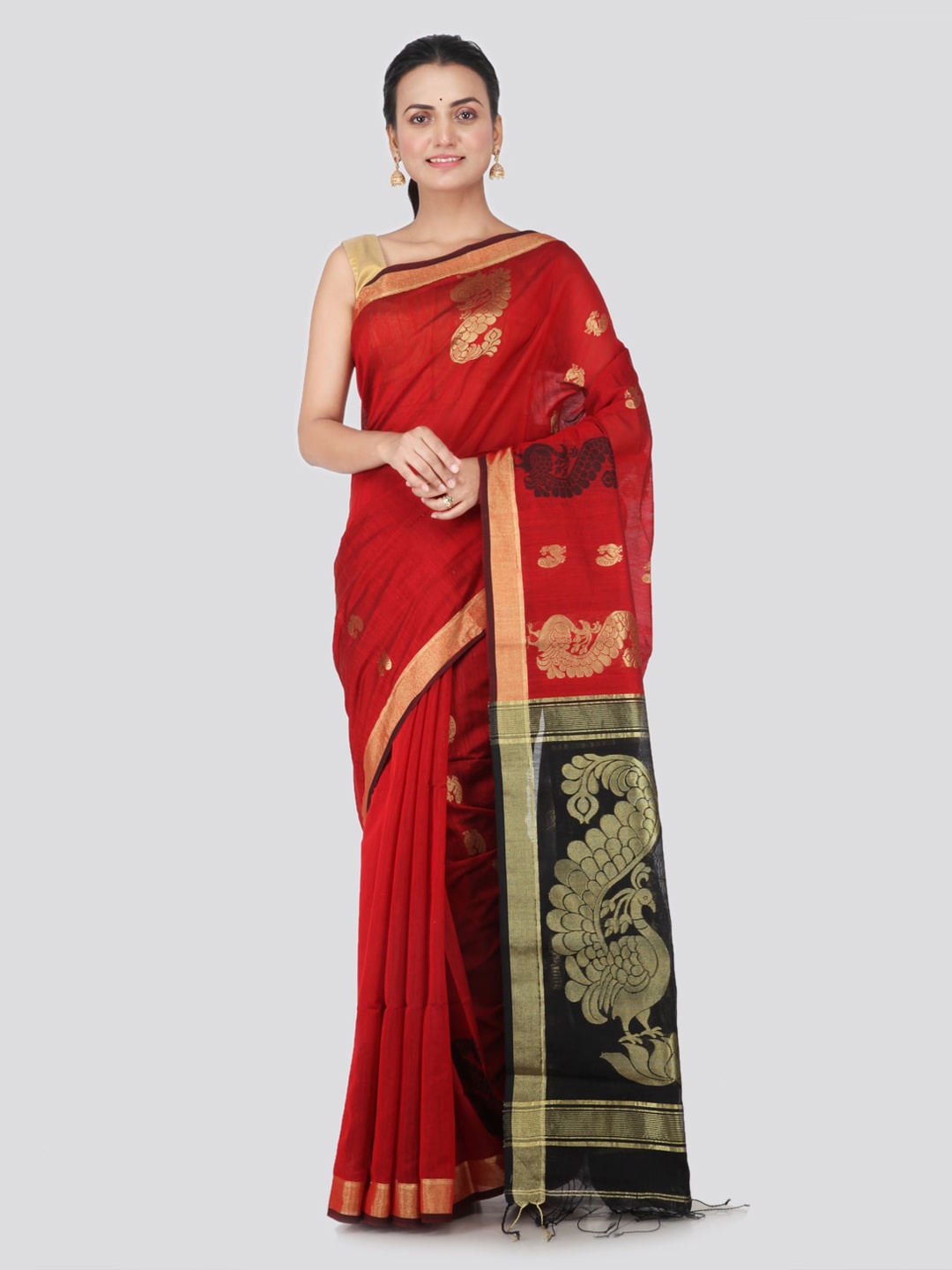 

PinkLoom Red & Gold-Toned Cotton Blend Woven Design Handloom Saree