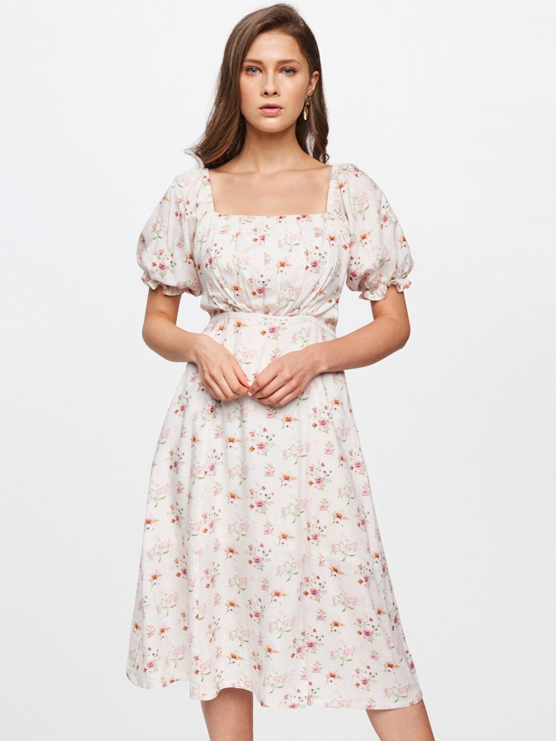 

AND Women White & Pink Floral Printed A-Line Dress