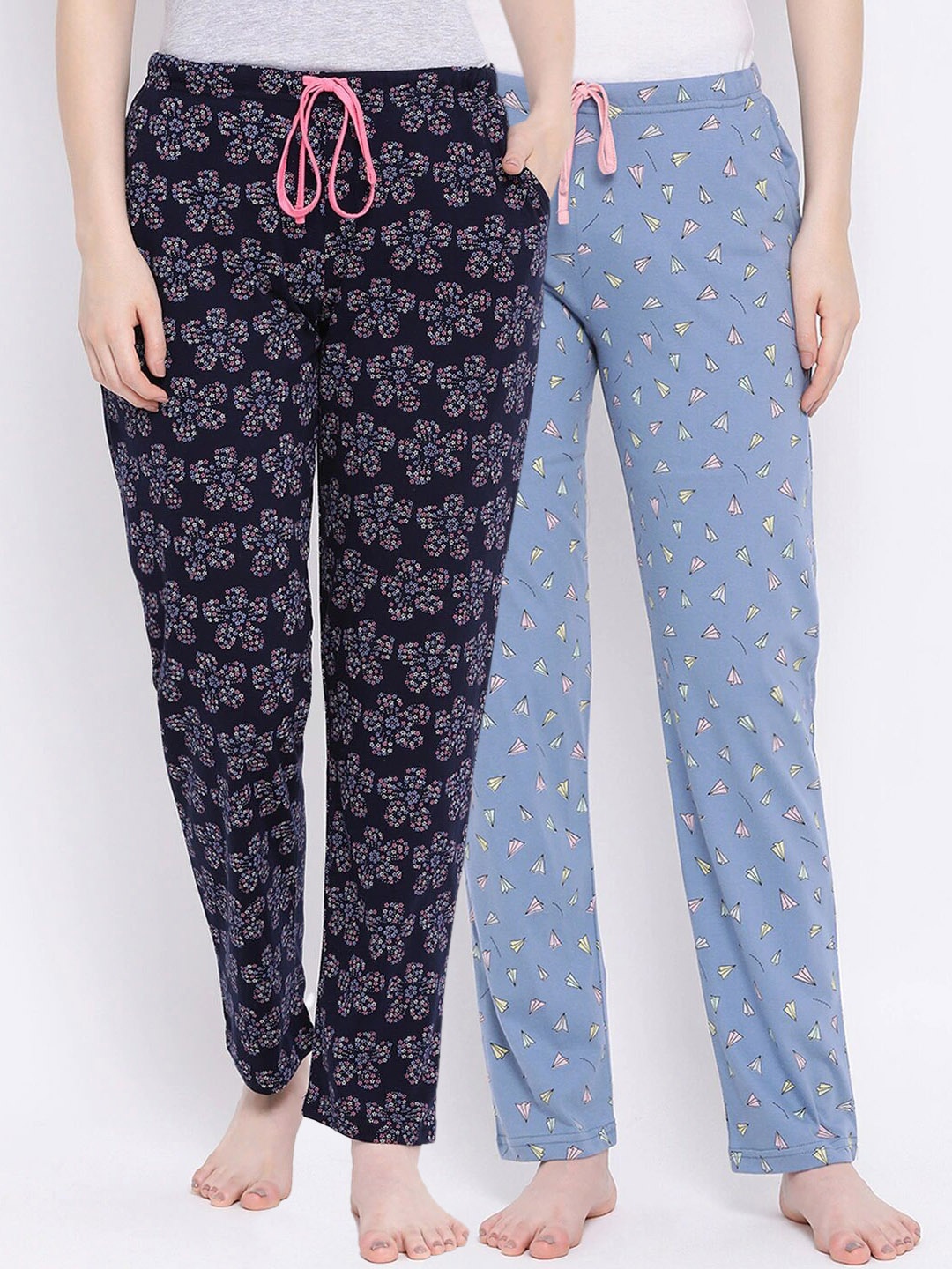 

Kanvin Women Pack of 2 Printed Pure Cotton Lounge Pants PJ1064+PJ1073, Navy blue