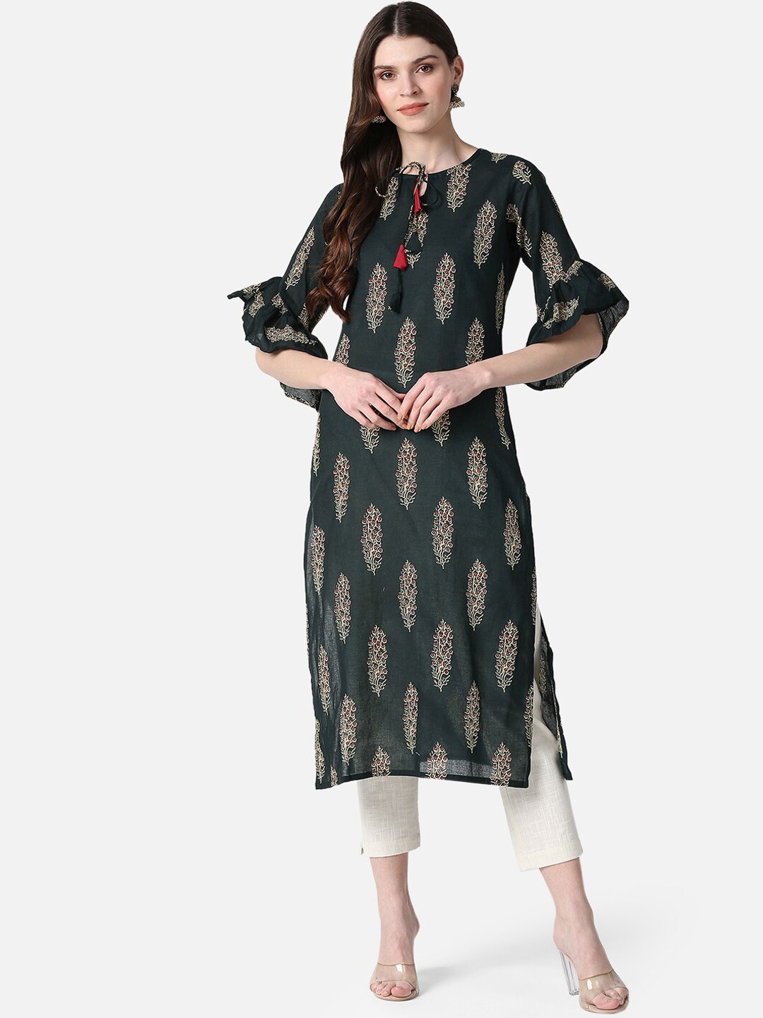 

AHIKA Women Green Ethnic Motifs Printed Keyhole Neck Flared Sleeves Kurta