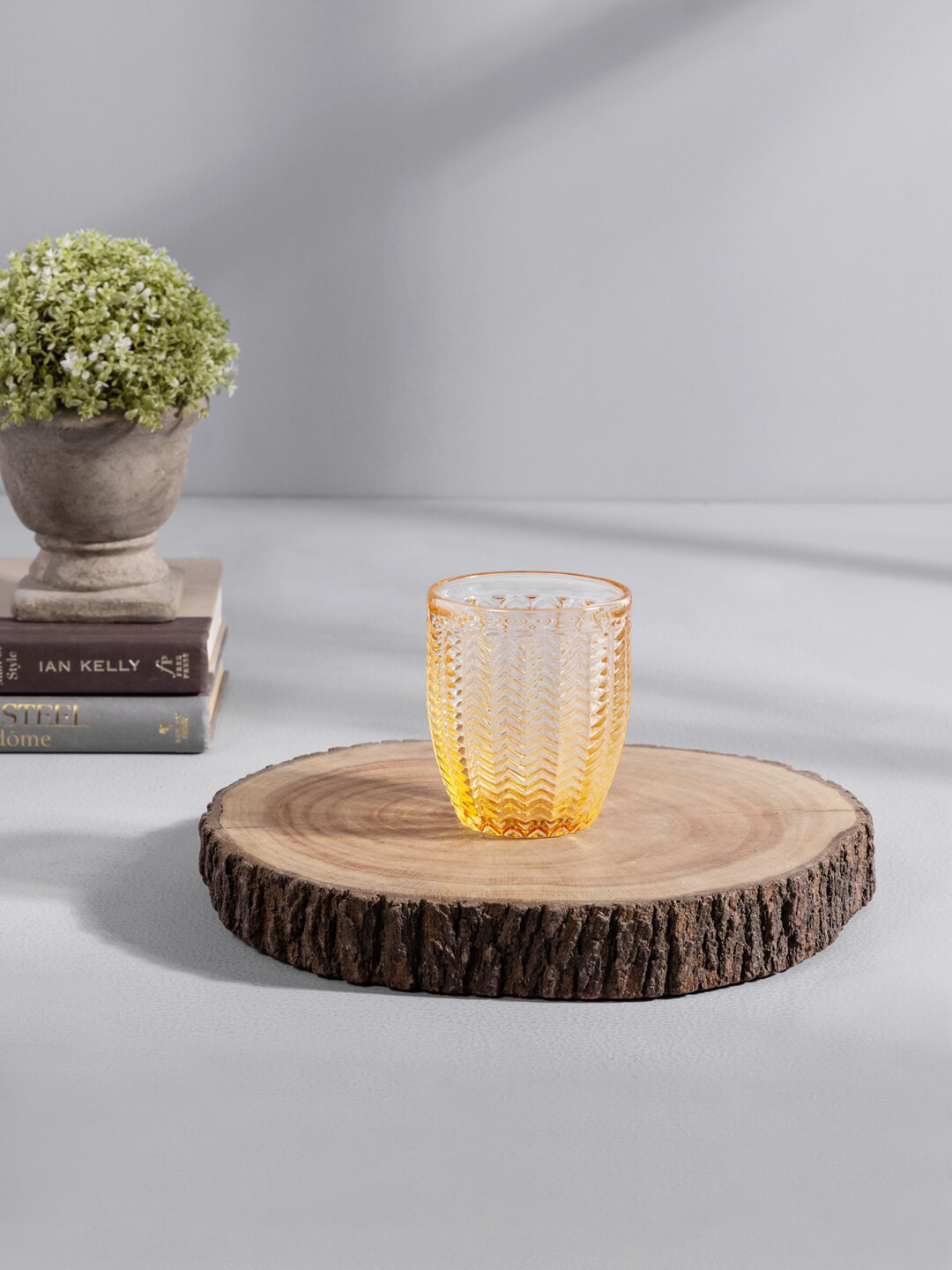 

Pure Home and Living Set Of 6 Transparent & Yellow Textured Amber Chevron Glass Tumbler