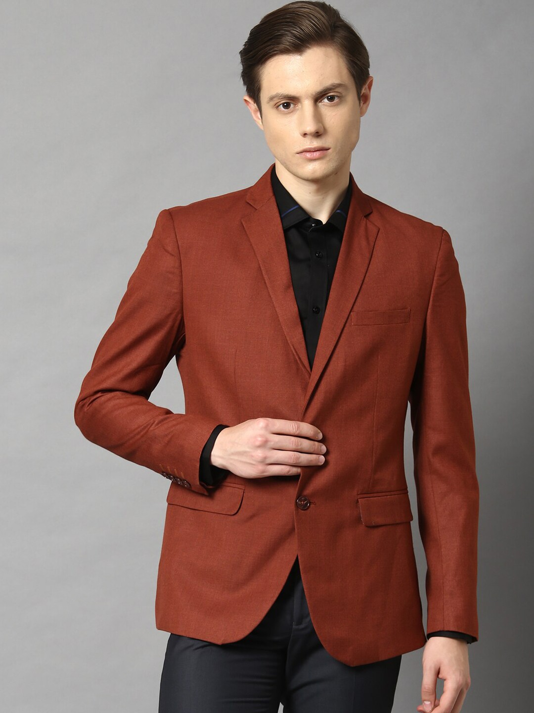 

HARSAM Men Rust Orange Solid Single-Breasted Formal Blazer