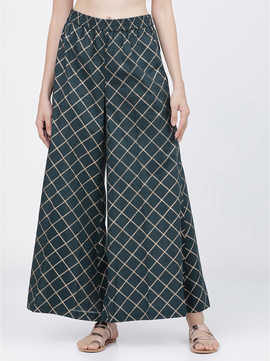 

Vishudh Women Green & Gold-Toned Checked Ethnic Palazzos