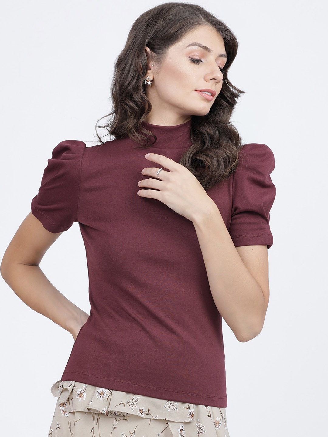 

Tokyo Talkies Burgundy Puff Sleeve Fitted Top