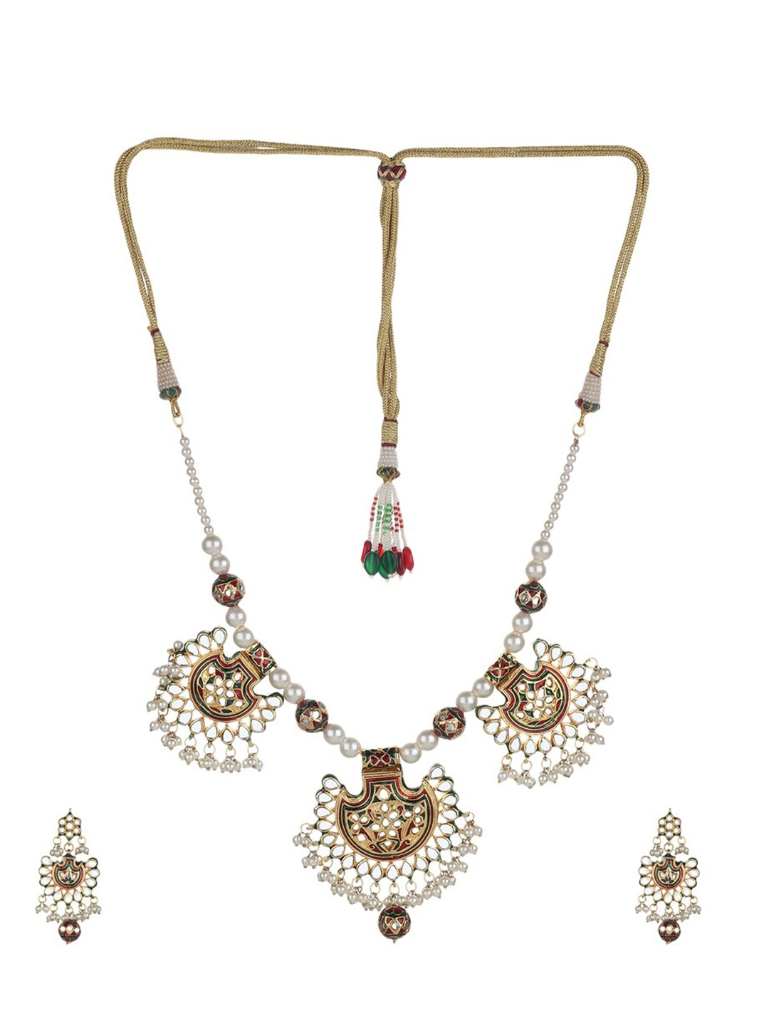 

Runjhun Gold-Plated & White Kundan-Studded Beaded Meenakari Jewellery Set