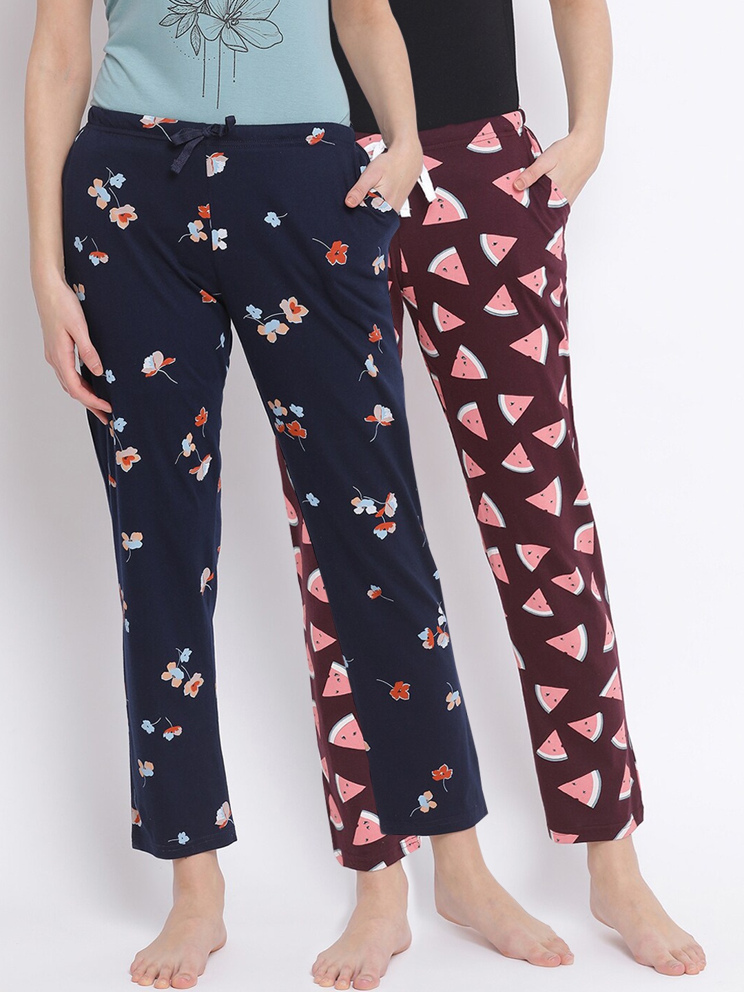 

Kanvin Women Pack Of 2 Printed Pure Cotton Lounge Pants, Navy blue
